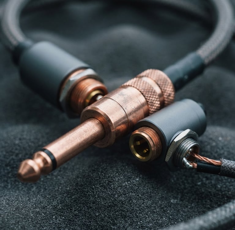 Tight macro shot of high-grade copper audio cable connectors, metallic textures, cool northern daylight, 35mm