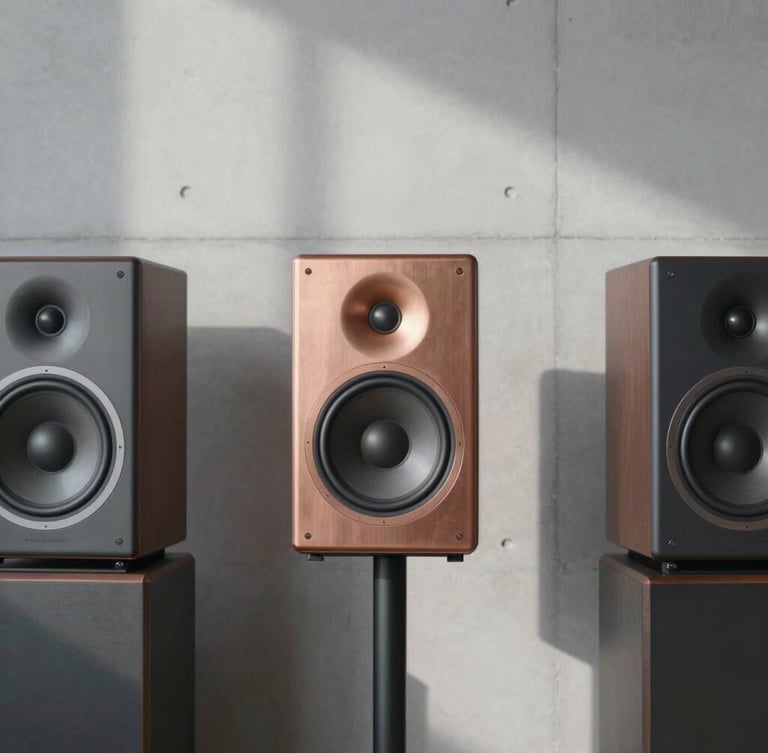 Minimalist Nordic listening room with high-end speakers, clean concrete walls, cool northern daylight casting soft shadows, 35mm