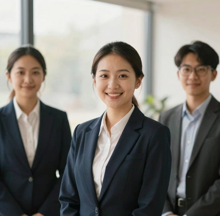 Professional portrait of a notary team member in a bright office, warm natural daylight, smiling warmly, dressed in professional attire, shallow depth of field