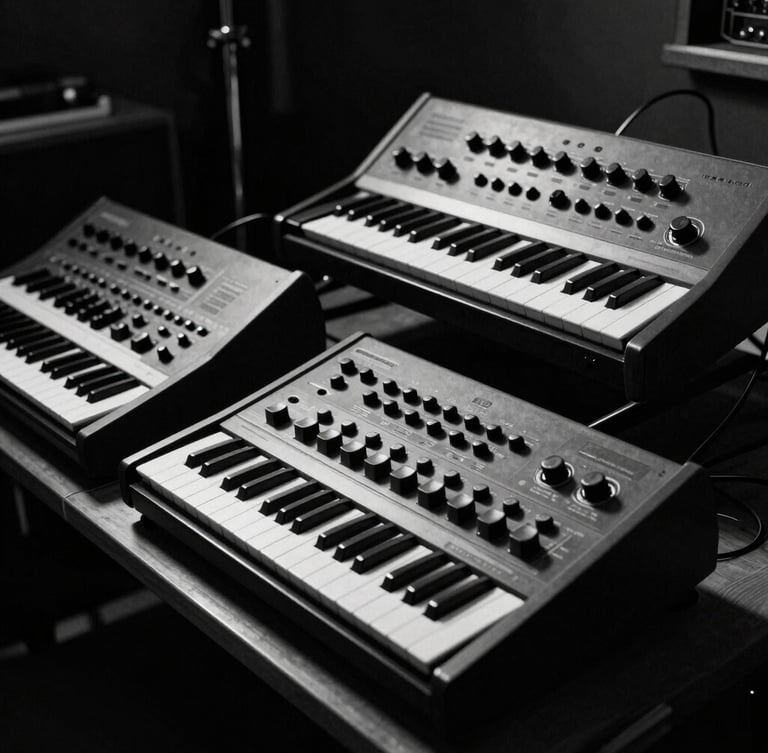 High-contrast black-and-white archival photo of vintage analog synthesizers and drum machines in a dark studio, harsh direct flash, deep shadows, raw textures.