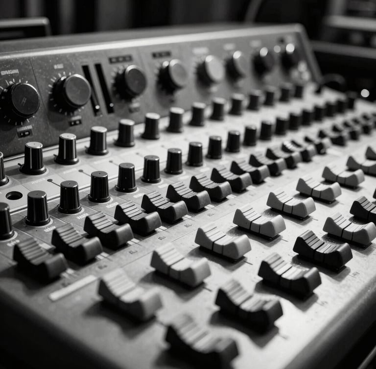 Wide panoramic black and white shot of a vintage soundboard and analog mastering gear, harsh direct lighting, deep shadows, dust particles visible on dials.
