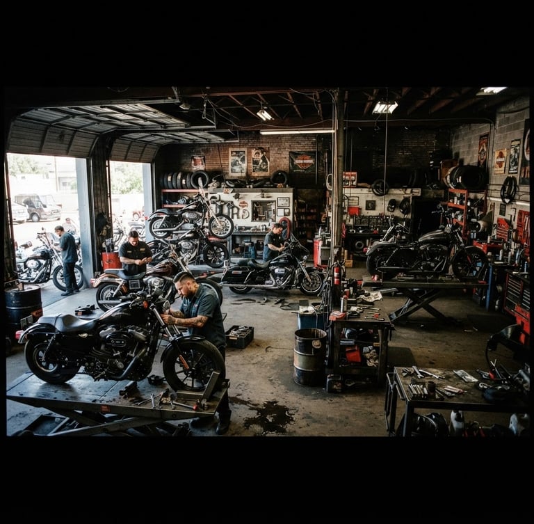 Wide panoramic view of a busy, high-contrast motorcycle workshop interior, several Harley-Davidson bikes on lifts, mechanics working with tools, garage bay doors letting in natural light, raw steel accents, deep charcoal tones, dramatic shadows, metallic glints, 35mm film style.