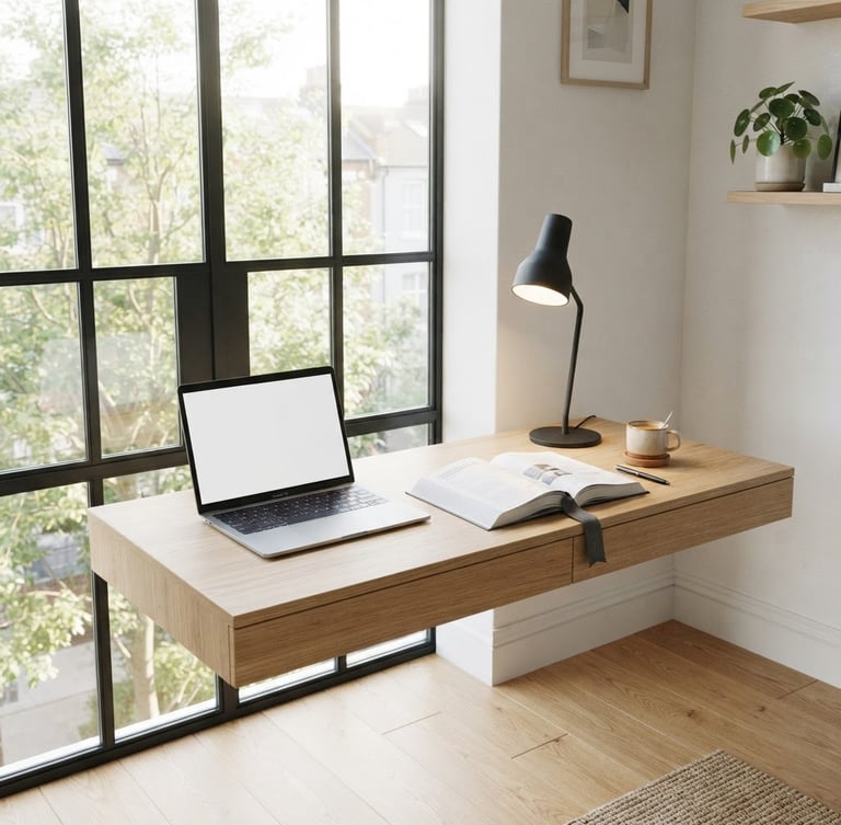 Eye-level bright architectural shot of a clean minimalist student study desk with a lamp, textbook, and laptop under natural morning light from a large window.