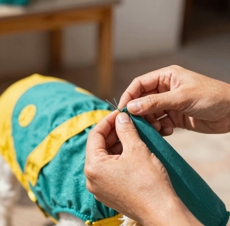 Hands of a Mexican artisan carefully stitching a colorful pet garment in a warm, sun-drenched Celaya workshop, fabric textures visible, warm daylight