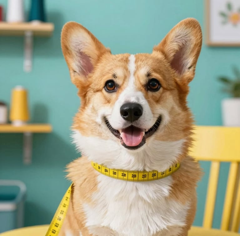 Close-up of a tailor measuring a happy Pembroke Welsh Corgi with a yellow tape measure, bright natural daylight, colorful teal workshop background, 35mm