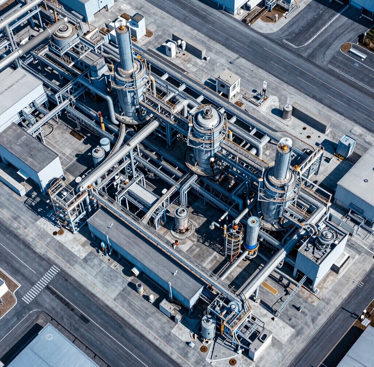 High-resolution drone orthomosaic map of an industrial plant, sharp technical aerial perspective, daylight, high-contrast blue and slate tones, 35mm
