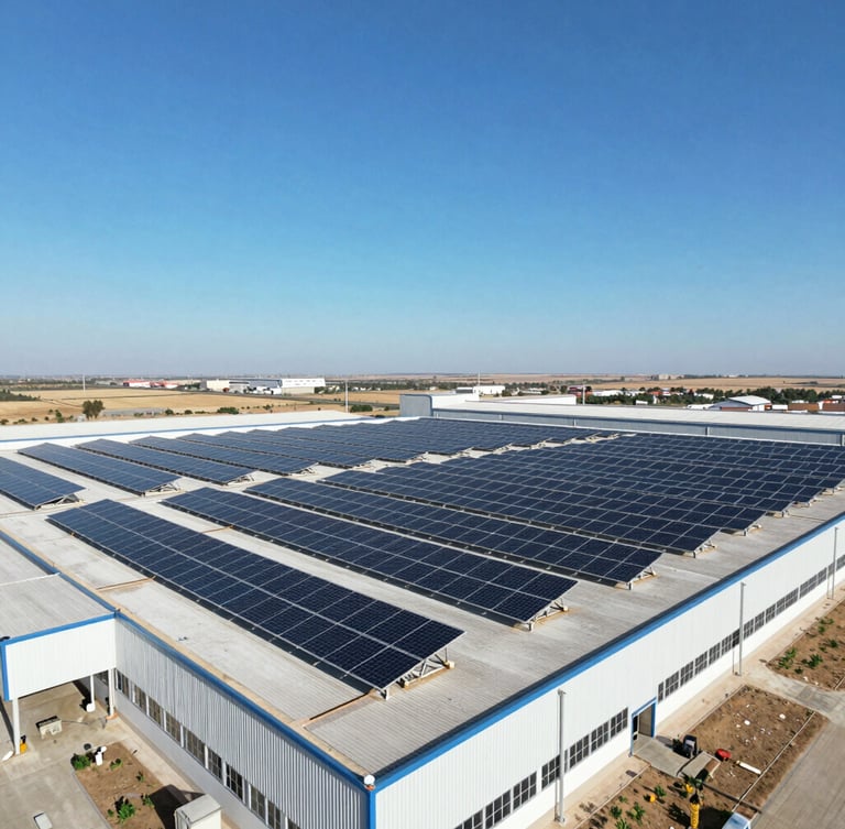 Wide aerial shot of a massive industrial solar panel installation on a factory roof in Cordoba, bright midday sun, high contrast blue sky, technical perspective
