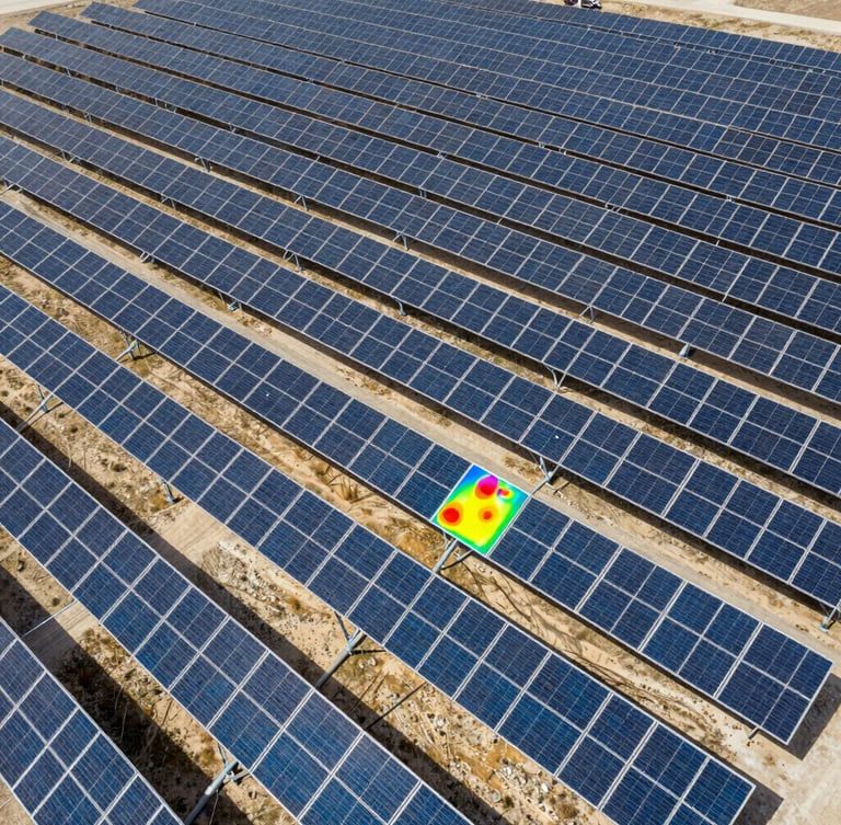 Wide aerial drone shot of a massive industrial solar array in Cordoba, high-contrast daylight, technical overlay showing a thermal heat signature hotspot on one panel, sharp 35mm.