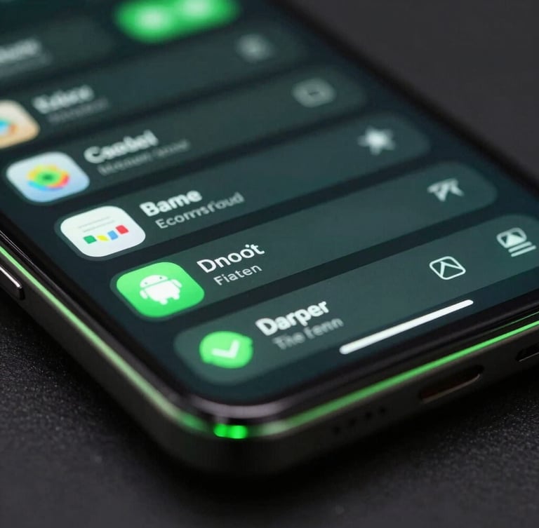 Extreme close-up of a physical Android flagship device screen showing a fluid, high-framerate user interface with glowing electric green accents. Moody, low-key studio lighting with sharp green edge-lights reflecting off the physical screen glass. Angled macro shot focusing on UI details.