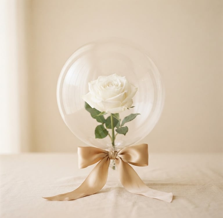 Elegant close-up of a transparent flower balloon encasing a single delicate white rose, tied with a champagne gold silk ribbon, soft natural morning light, minimalist cream background, shallow depth of field, 35mm