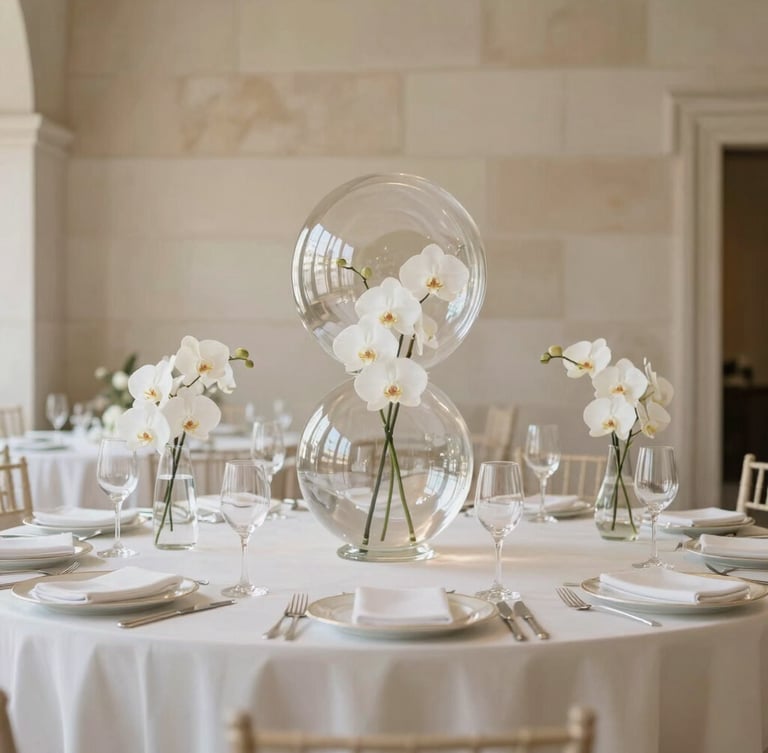 Elegant editorial portrait of a grand wedding table setting in a minimalist stone hall, towering glass-like transparent spheres encasing delicate white orchids, soft diffused natural light, warm cream and beige tones, 35mm.