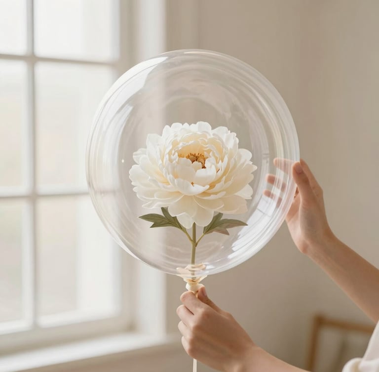 Hands carefully placing a single preserved white peony inside a crystal-clear transparent balloon, soft natural window light, warm cream tones, shallow depth of field, minimalist aesthetic