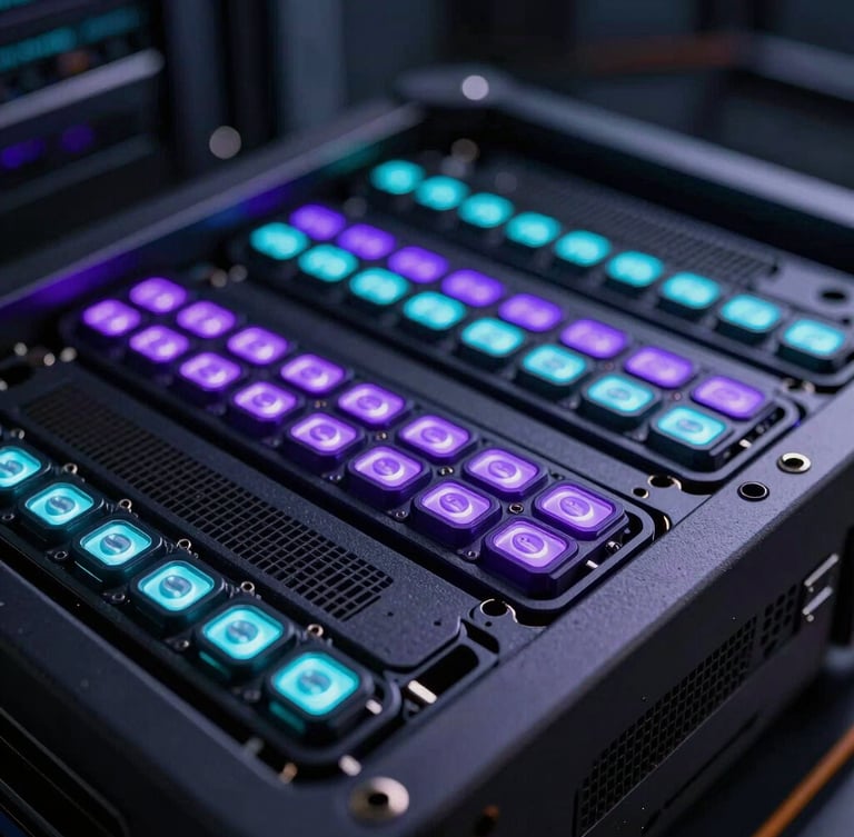 Wide cinematic macro shot of high-end server hardware with glowing violet and neon cyan LED indicators, dark cybernetic environment, selective focus