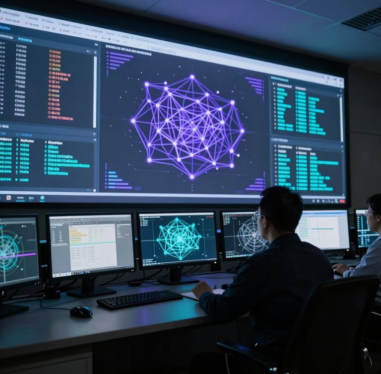 Wide cinematic shot of a dark modern security operations center, professional investigator in silhouette analyzing glowing purple and cyan network graphs on multiple screens.