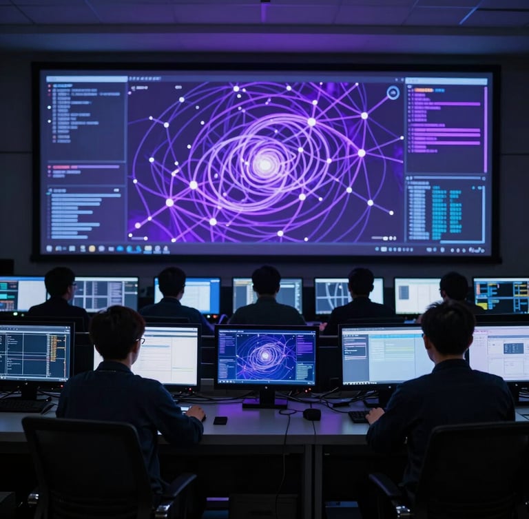 Cinematic wide shot of a dark security operations center, glowing violet and deep blue screens showing abstract network meshes and spiral data flows, professional operators in low-key backlighting.