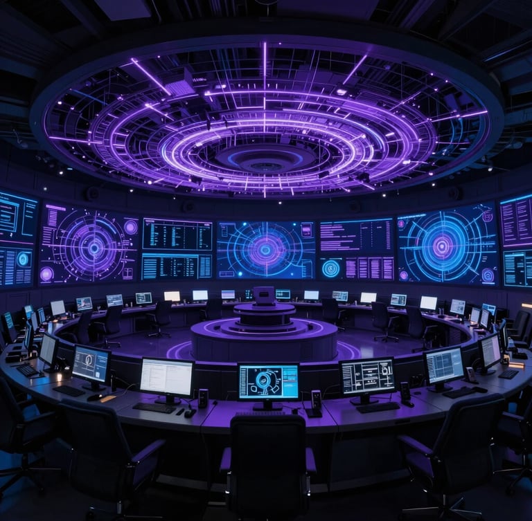 Wide panoramic cyber-noir command center, glowing violet and deep blue network spirals on screens, low-key dramatic lighting, technical precision