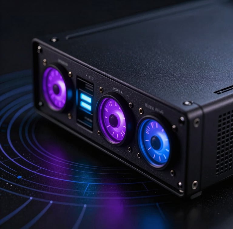 Primer plano macro de hardware de servidor de alta gama con indicadores LED violeta y azul brillante, rodeado de un sutil patrón de líneas de datos en espiral.