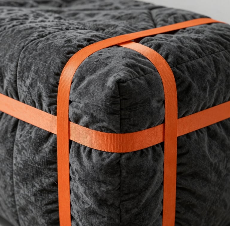 Close-up of heavy-duty quilted charcoal blankets tightly wrapped around a premium furniture edge, secured with high-visibility amber tension straps in sharp daylight.