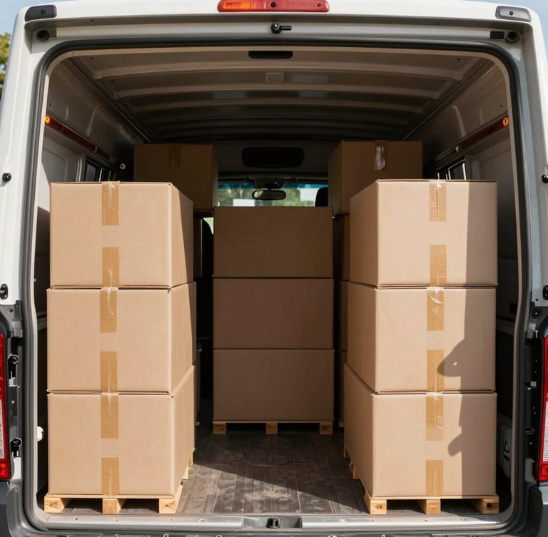 A wide-angle shot of a clean, organized moving truck interior, double-walled boxes stacked systematically with heavy-duty straps, sharp daylight filtering in.