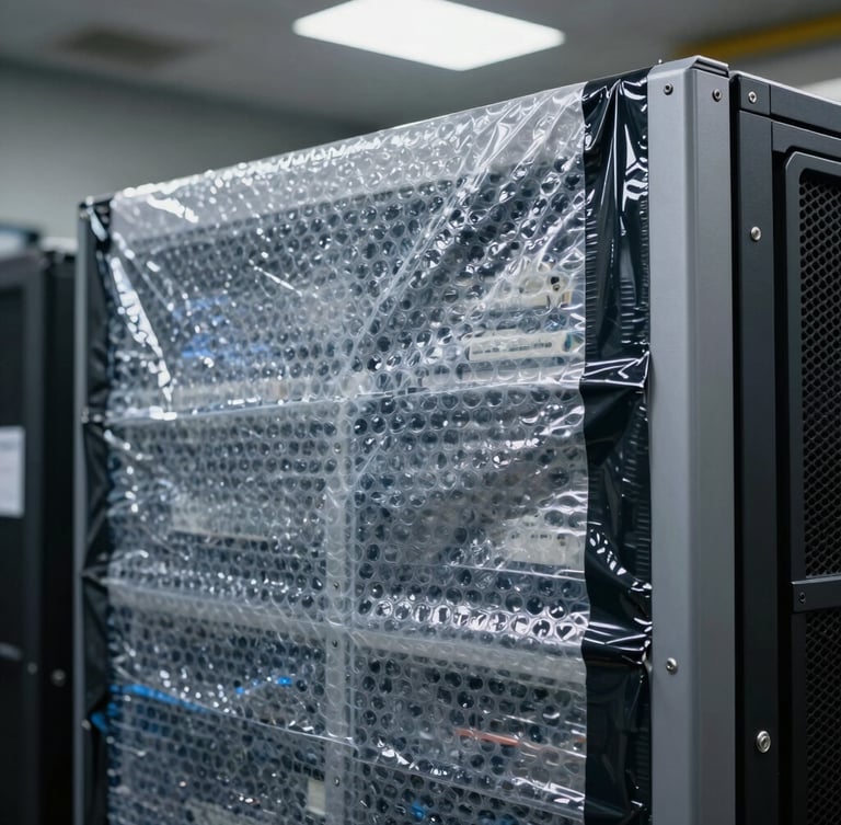 Close-up of industrial-grade anti-static bubble wrap tightly sealing a server rack unit, heavy-duty black tape securing the edges, sharp overhead utility lighting.
