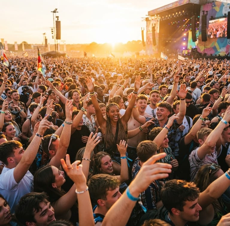Bright outdoor festival crowd at golden hour, hands raised in joy, warm sunlight streaming through, energetic lifestyle photography.