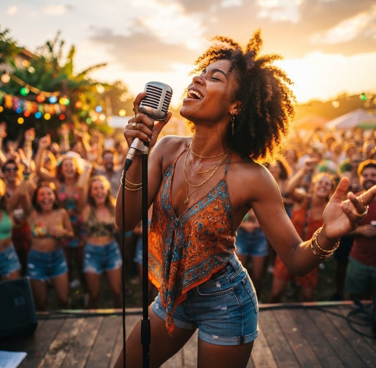 Dynamic low-angle performance shot of a young artist singing under warm golden-hour sunlight, vibrant saturated colors, bright outdoor setting