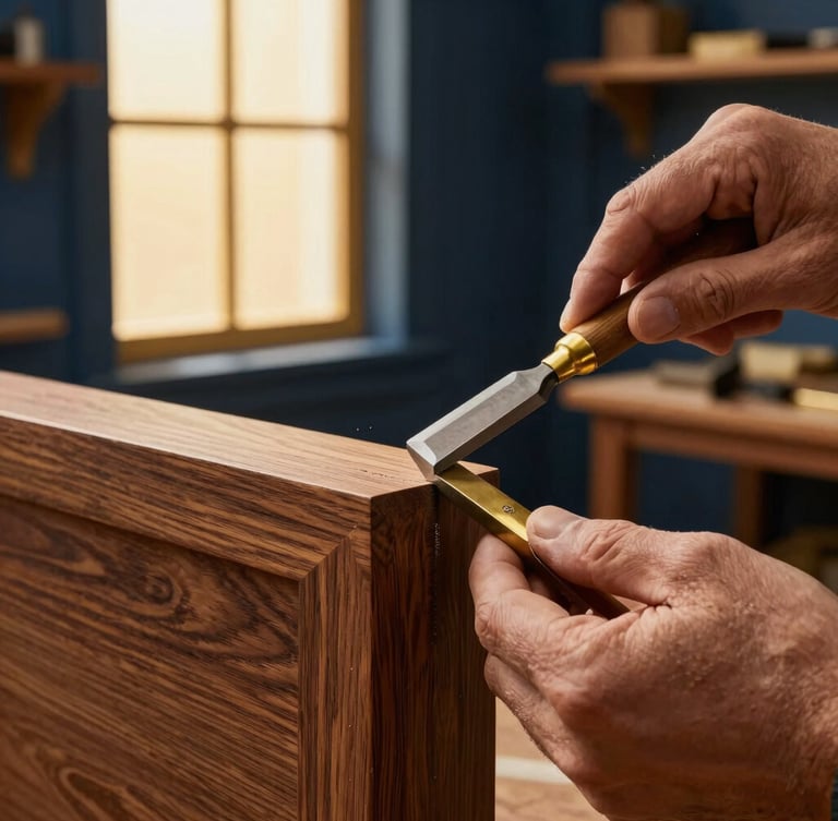 Close-up macro shot of a master carpenter hand-finishing a dark oak joint with brass chisels, warm side lighting, luxurious Dubai workshop environment
