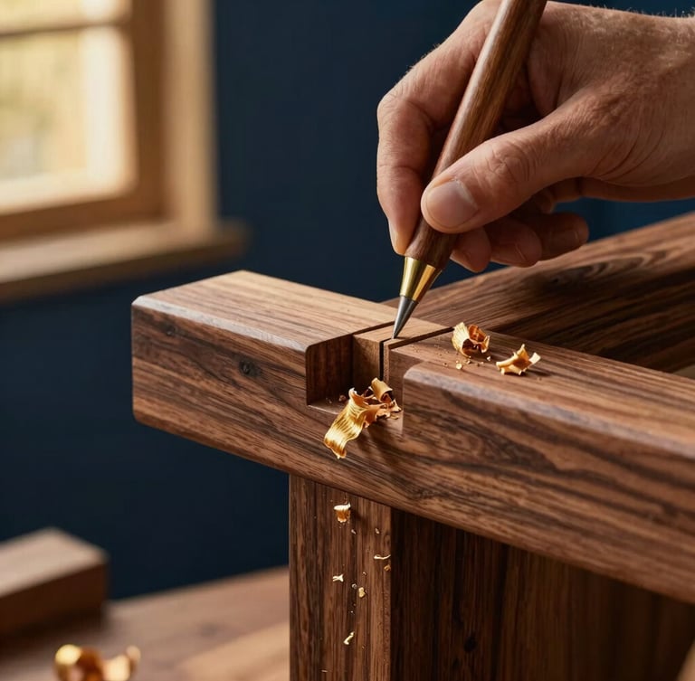 Macro close-up of a master carpenter hand-carving a mortise and tenon joint in premium dark walnut wood, dramatic side-lit studio lighting, gold wood shavings, 35mm