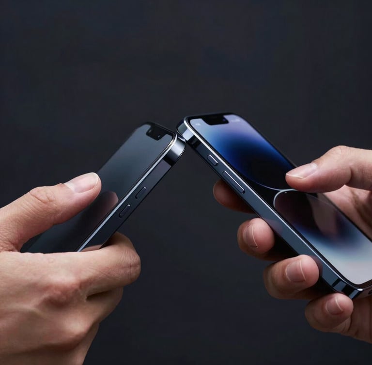 Macro close-up of two hands tapping sleek smartphones together for NFC sharing, sharp focus on the devices, cool-toned studio lighting, dark background.