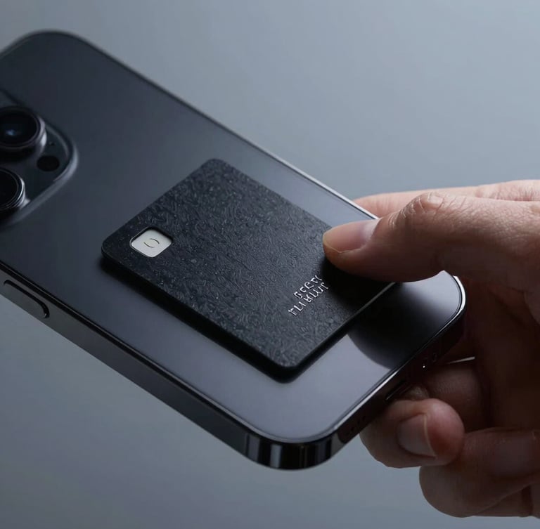 Sleek tech photography of a hand tapping a custom black NFC card against a smartphone, high-contrast studio lighting, cool-toned minimalist background, sharp macro focus, 35mm lens.