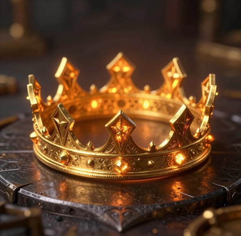 Close-up macro shot of a glowing medieval golden crown on a dark metallic surface, fiery orange backlight, cinematic 3d render