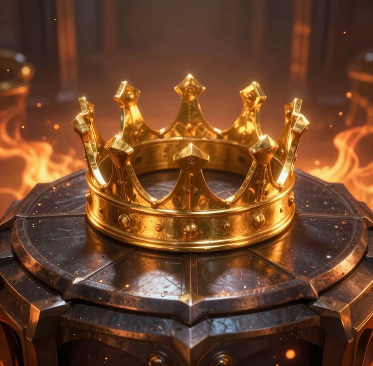 A majestic golden crown resting on a dark metallic armor plate, dramatic fiery orange key light, deep shadows, cinematic 3d render