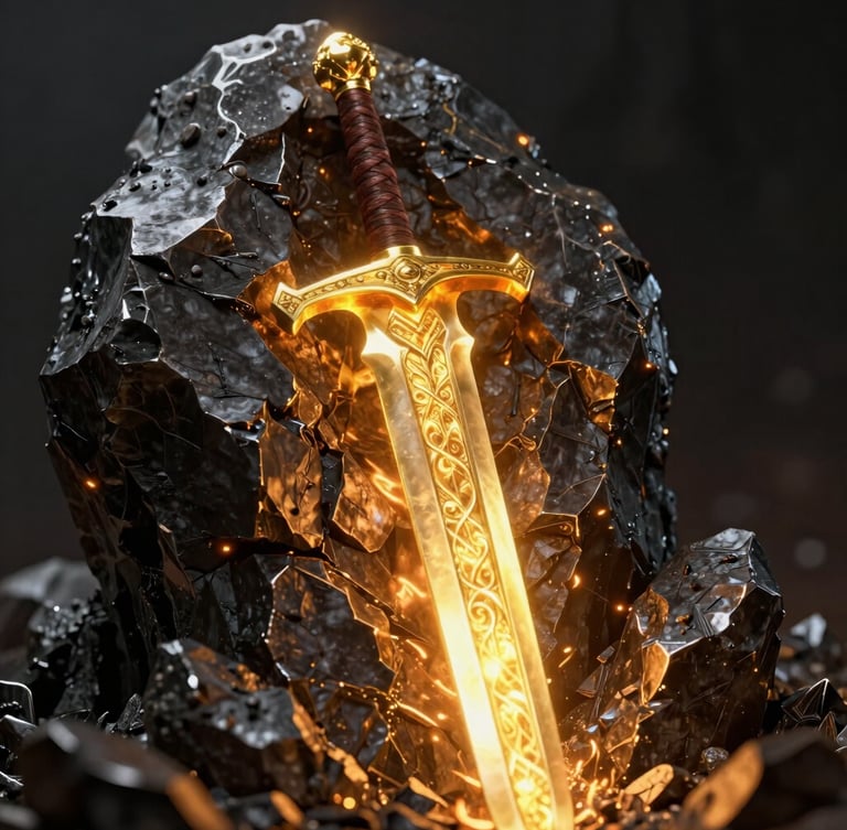 Dramatic close-up of a glowing golden medieval sword embedded in dark metallic obsidian stone, fiery orange backlights, high contrast cinematic 3d render, 8k