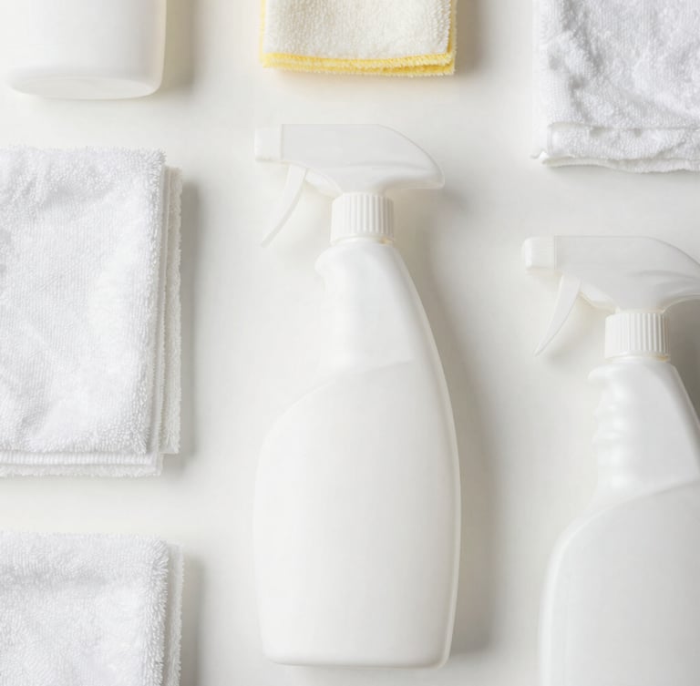 Top-down clean shot of neatly arranged professional cleaning tools, microfiber cloths, and spray bottles on a bright white surface, natural light, 35mm