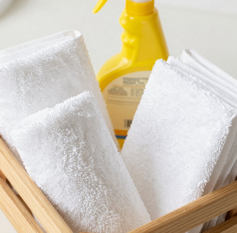 Top-down detail shot of professional cleaning tools neatly arranged in a wooden caddy, crisp clean white microfiber cloths, yellow utility spray bottle, soft natural daylight, sharp focus