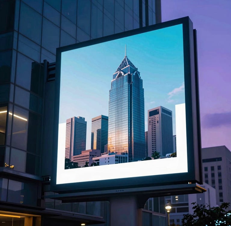 A massive high-contrast digital billboard on a sleek architectural mount in downtown Lahore at dusk, displaying a glowing high-fidelity corporate advertisement, sharp reflections on glass, cinematic moody lighting with cyan and purple hues.