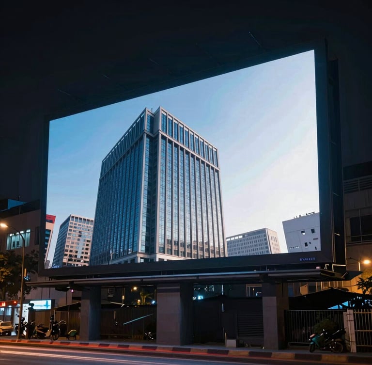High-contrast night photograph of a massive digital billboard in Lahore, Pakistan. A sharp corporate advertisement glows vividly against a dark, moody urban background with soft light trails.