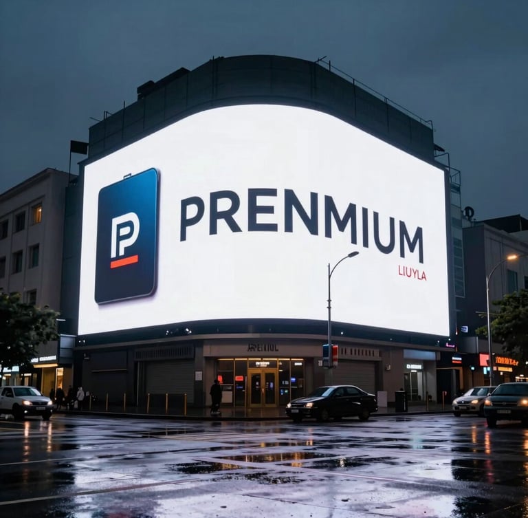 A massive, high-contrast digital advertising screen on a modern commercial building facade at dusk in Lahore, displaying a premium corporate brand, sharp reflections on wet asphalt below, cinematic lighting.