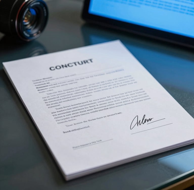 A close-up of a signed notarized contract on a dark glass desk, illuminated by the cold blue glow of a digital screen in the background, sharp focus, high-contrast lighting.