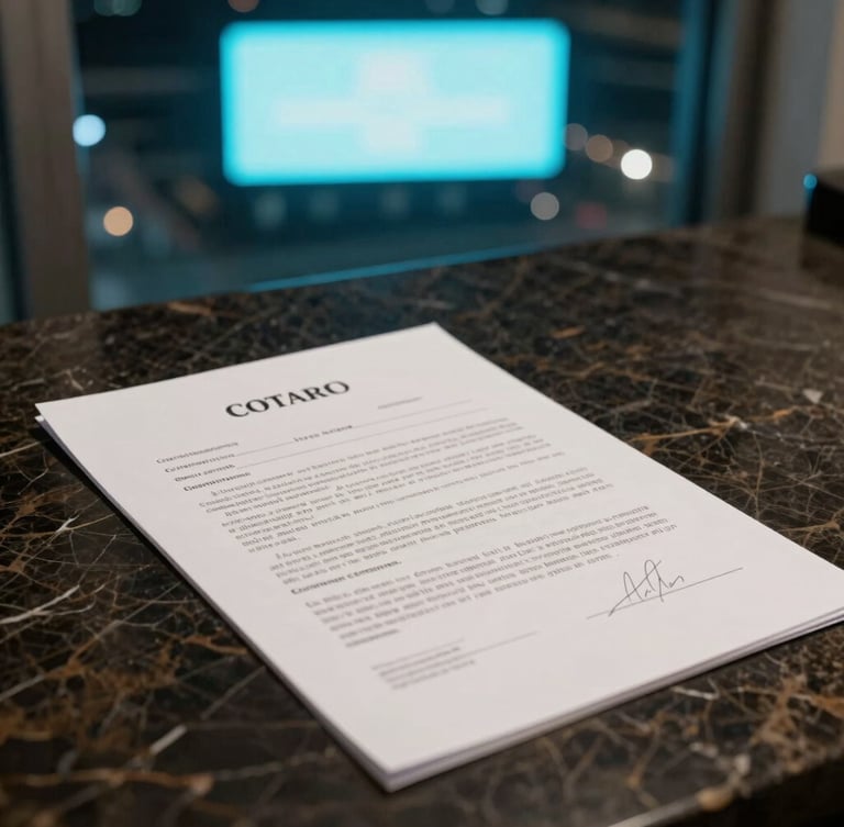 A close-up of a notarized physical asset contract resting on a dark marble desk, illuminated by the cool cyan glow of a digital billboard visible through a window at night.
