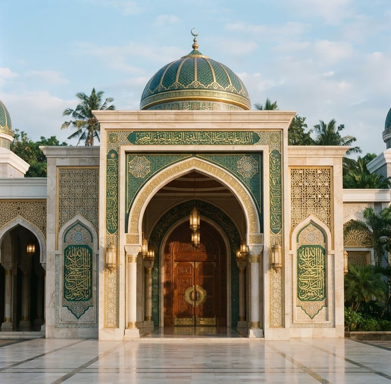 Clean architectural shot of a modern mosque entrance in Banten, soft morning light illuminating green and gold details, 35mm photography