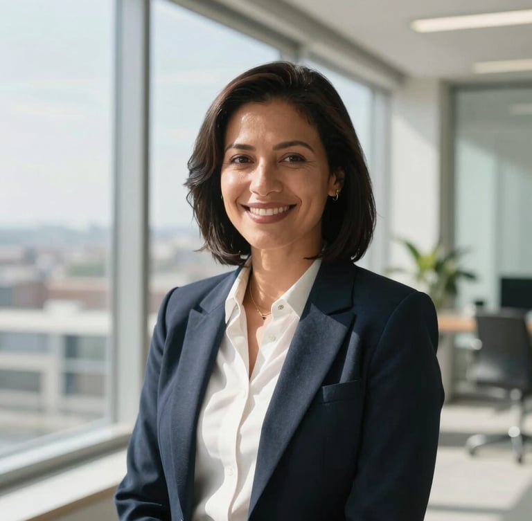 Medium-close portrait of a professional woman in a modern Gaborone office, bright natural daylight streaming from a large window, high contrast, smiling confidently with clean architectural lines of Block 7 visible in the soft-focus background.
