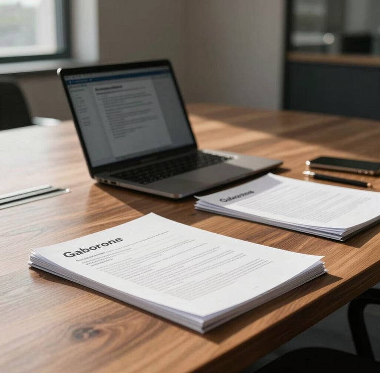 Medium-close shot of a modern, sunlit corporate boardroom in Gaborone, professional documents and a laptop on a wooden table, high contrast natural light.