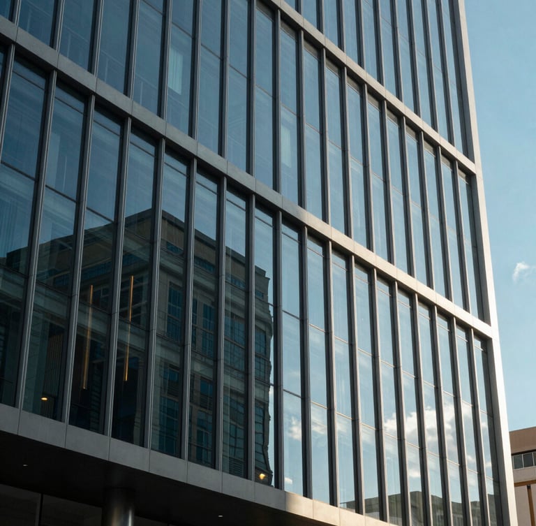 Modern architectural facade of a glass office building in Gaborone under bright daylight, clean lines, reflection of blue sky.