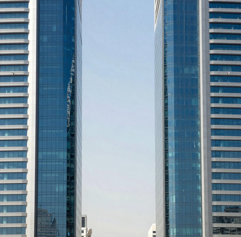 Symmetrical architectural perspective of a modern financial district skyscraper in Riyadh, steel and glass facade reflecting bright daylight, clean sharp shadows, cool blue and slate tones