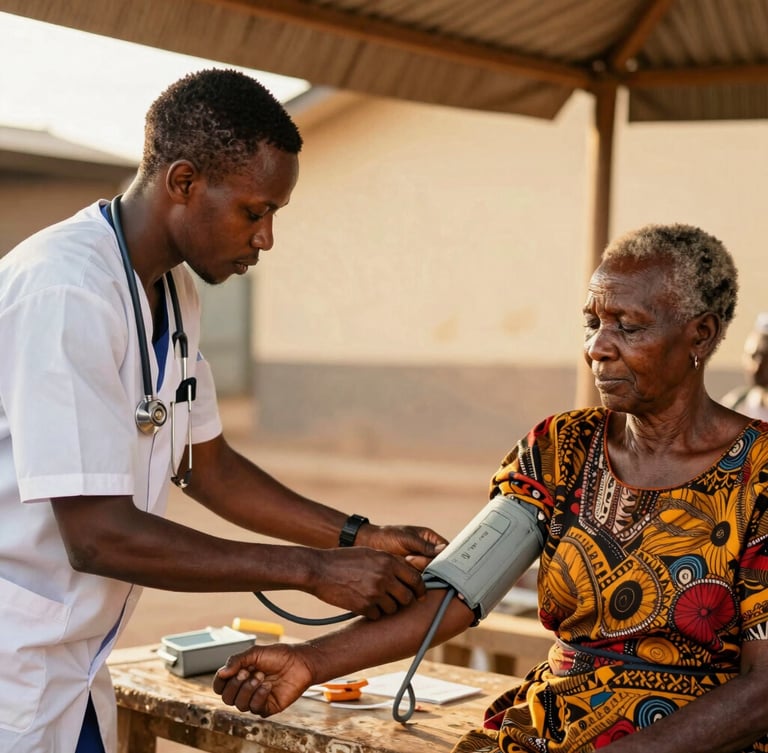 A Ghanaian medical student gently checking the blood pressure of an elderly woman under a canopy, warm golden-hour sunlight, authentic connection.