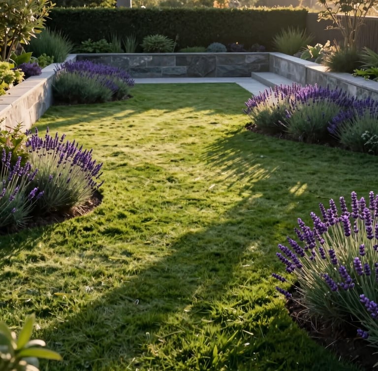 Wide environmental shot of a minimalist luxury garden, crisp morning light casting long dramatic shadows on a perfectly manicured lawn and structured stone-and-plant interfaces, rich green tones with deep purple lavender accents, wide-angle architectural lens