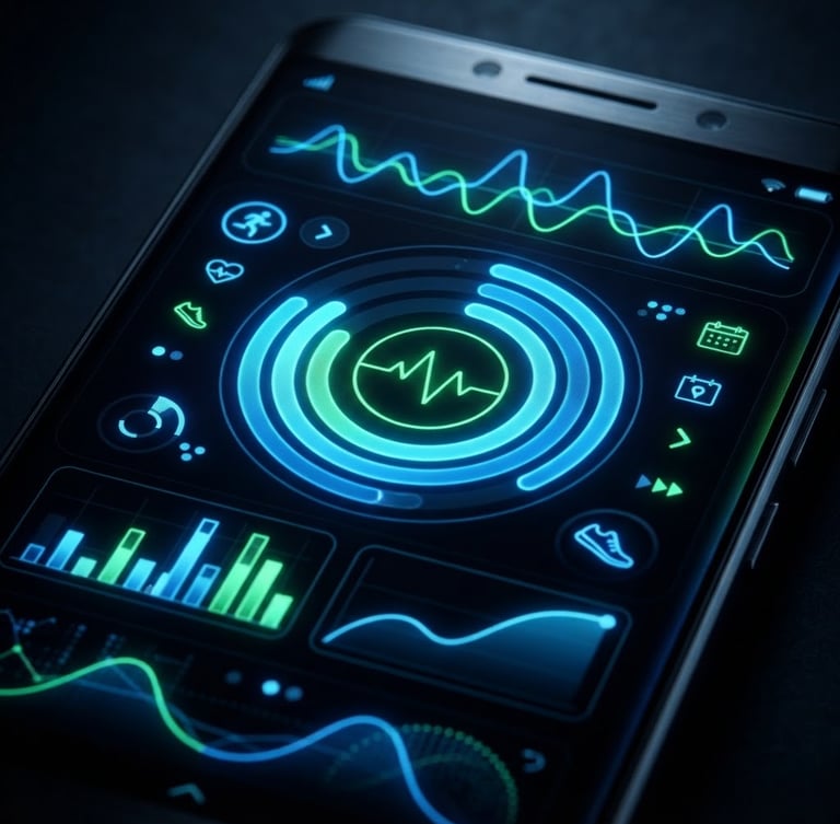 Macro close-up of a high-fidelity Android device mockup displaying a dark-themed fitness dashboard, vibrant electric blue accents, studio lighting, deep shadows