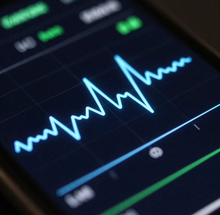 Macro close-up of a mobile screen showing real-time biometric graphs, glowing electric blue lines, high-contrast dark-mode interface.