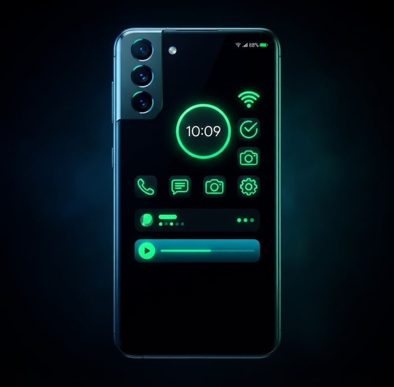 Sleek portrait-oriented Android flagship device mockup showing custom high-contrast UI, glowing neon green active states, deep space-black background, studio lighting.